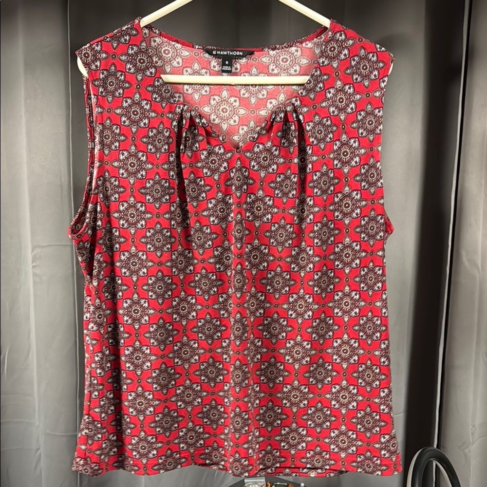 41 Hawthorn Red Blue Sleeveless Tie Front Blouse